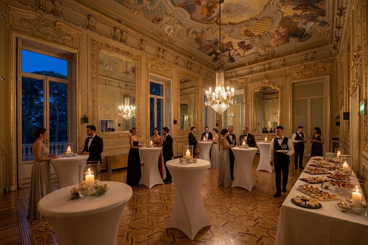 Ricevimento cocktail per feste di Natale nella Sala degli Specchi di Villa Quartara Genova